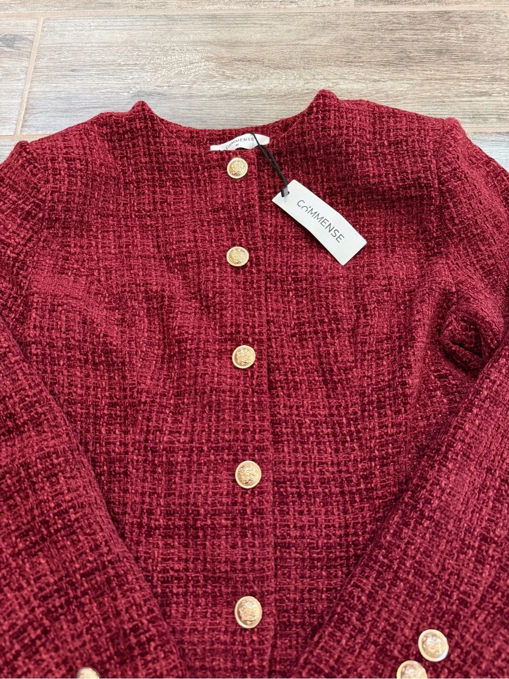 Commense Burgundy Button Down Slit Tweed Blazer - Picture 8 of 11